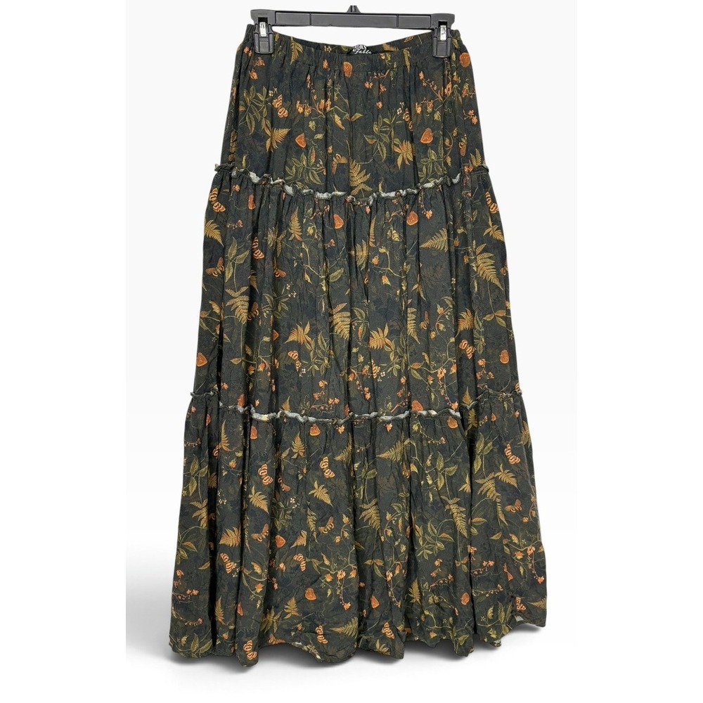 Thorn & Fable Dark Green Forest Print Tiered Maxi Skirt Botanical Cottagecore